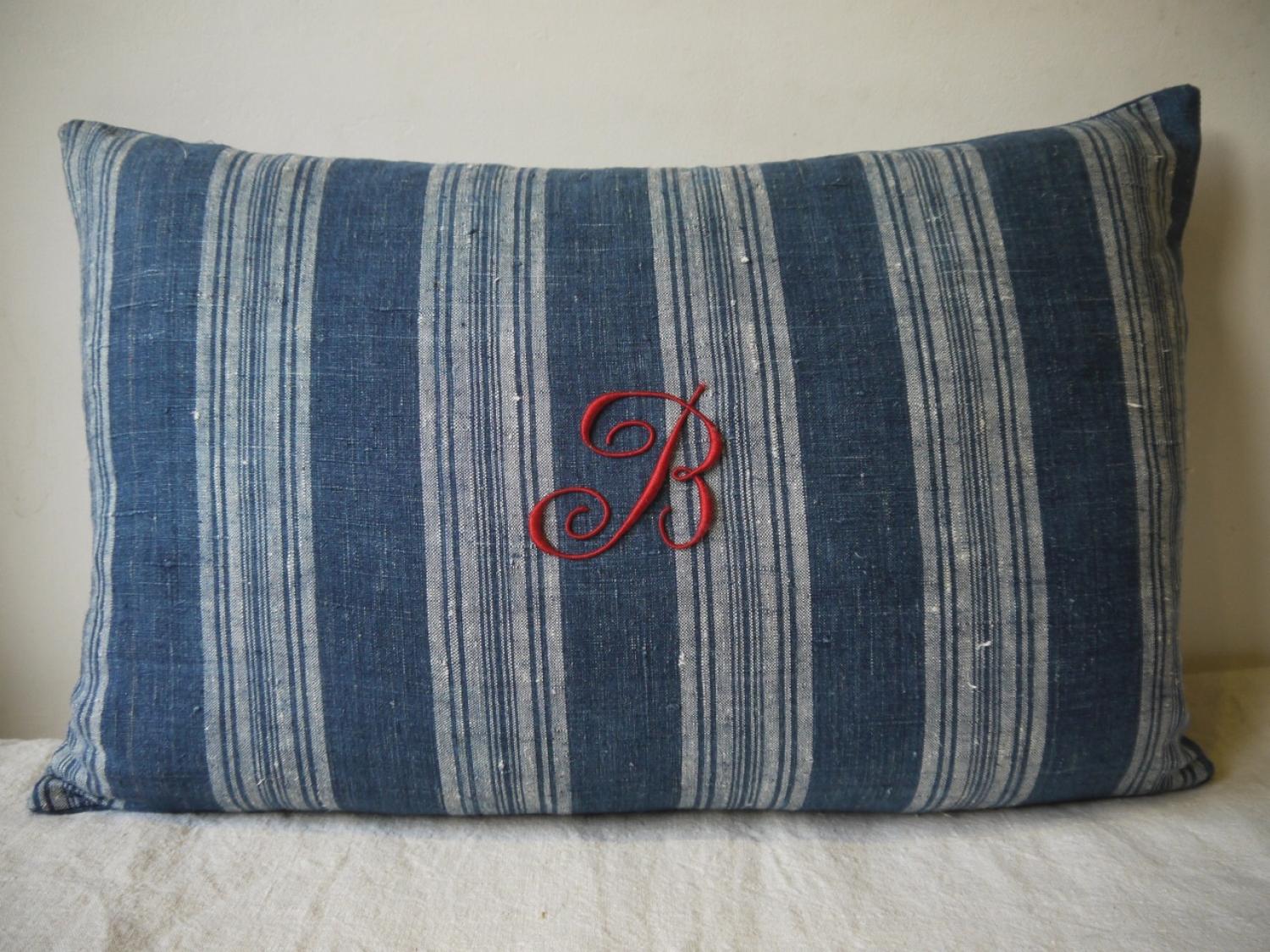 Monogrammed 19thc Indigo Striped Cushion