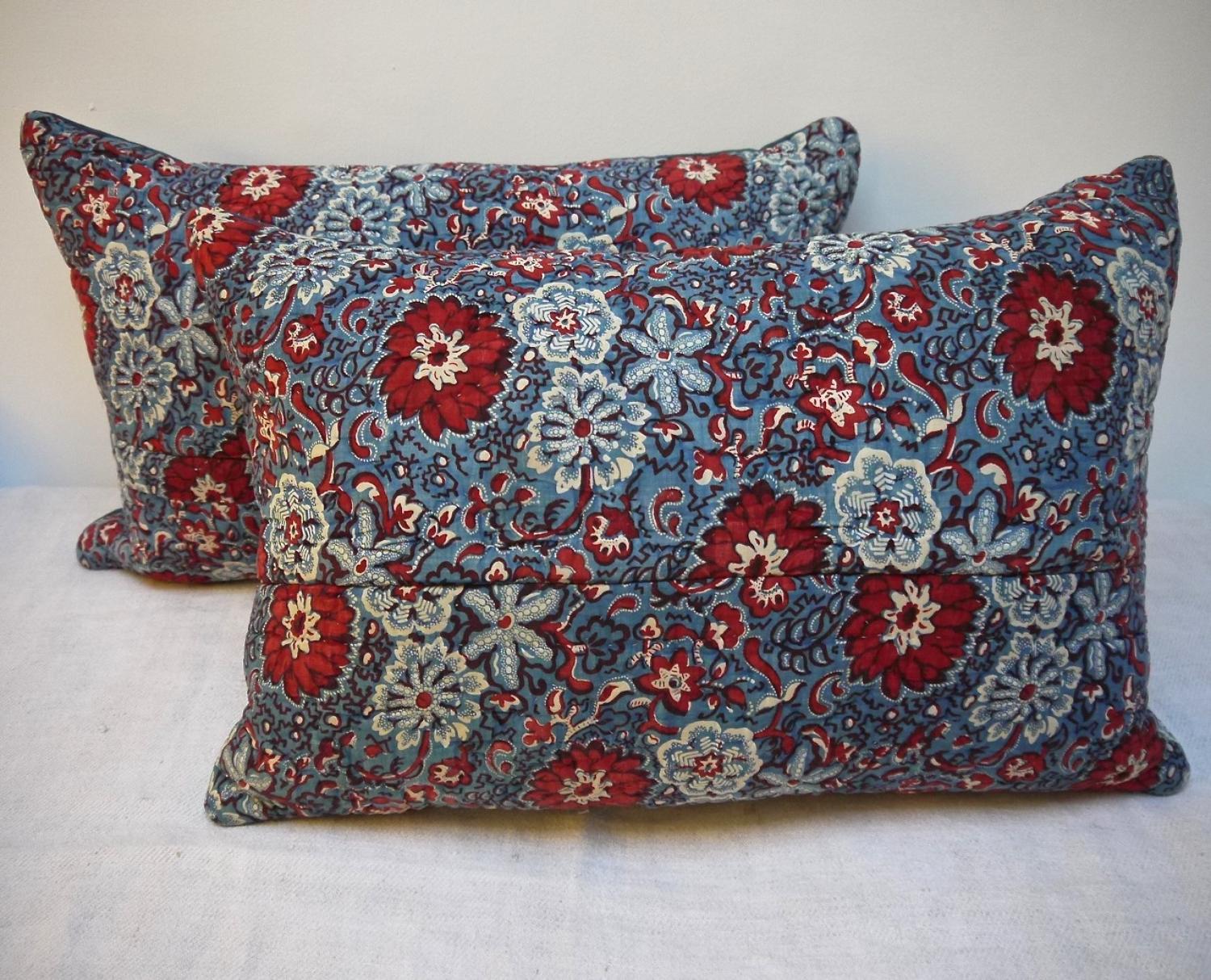 Pair of Red and Blue Blockprinted  Cushions