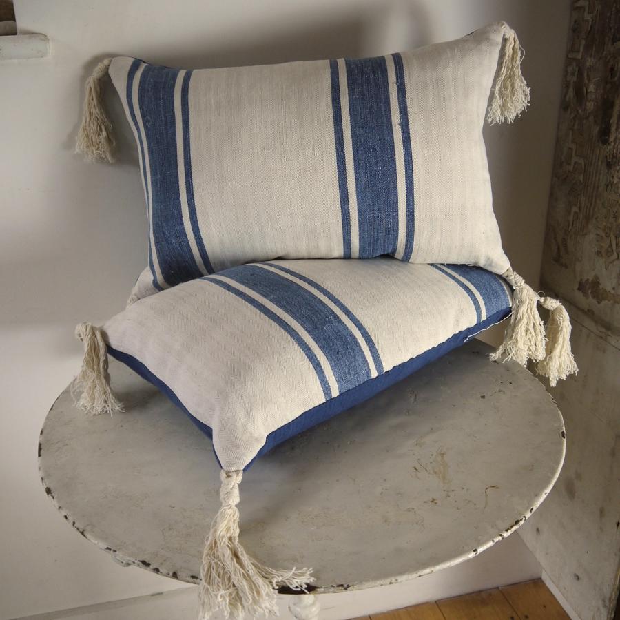 Pair of French Indigo Striped Linen Cushions