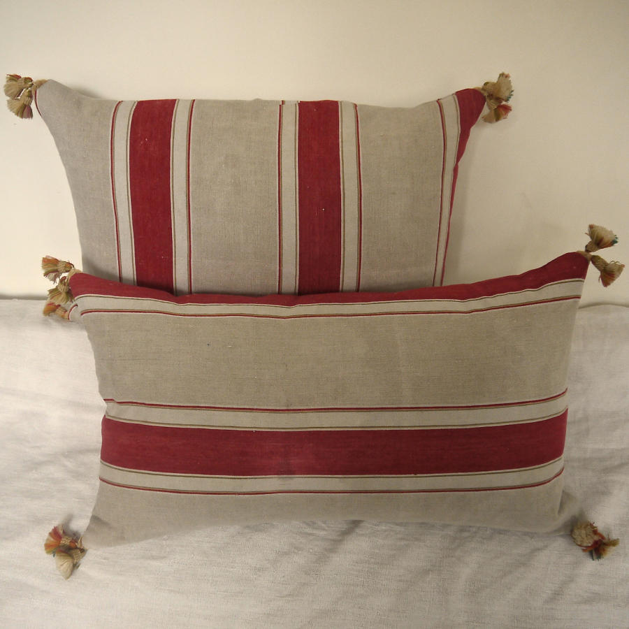 Two Antique French Red Ticking Linen Cushions