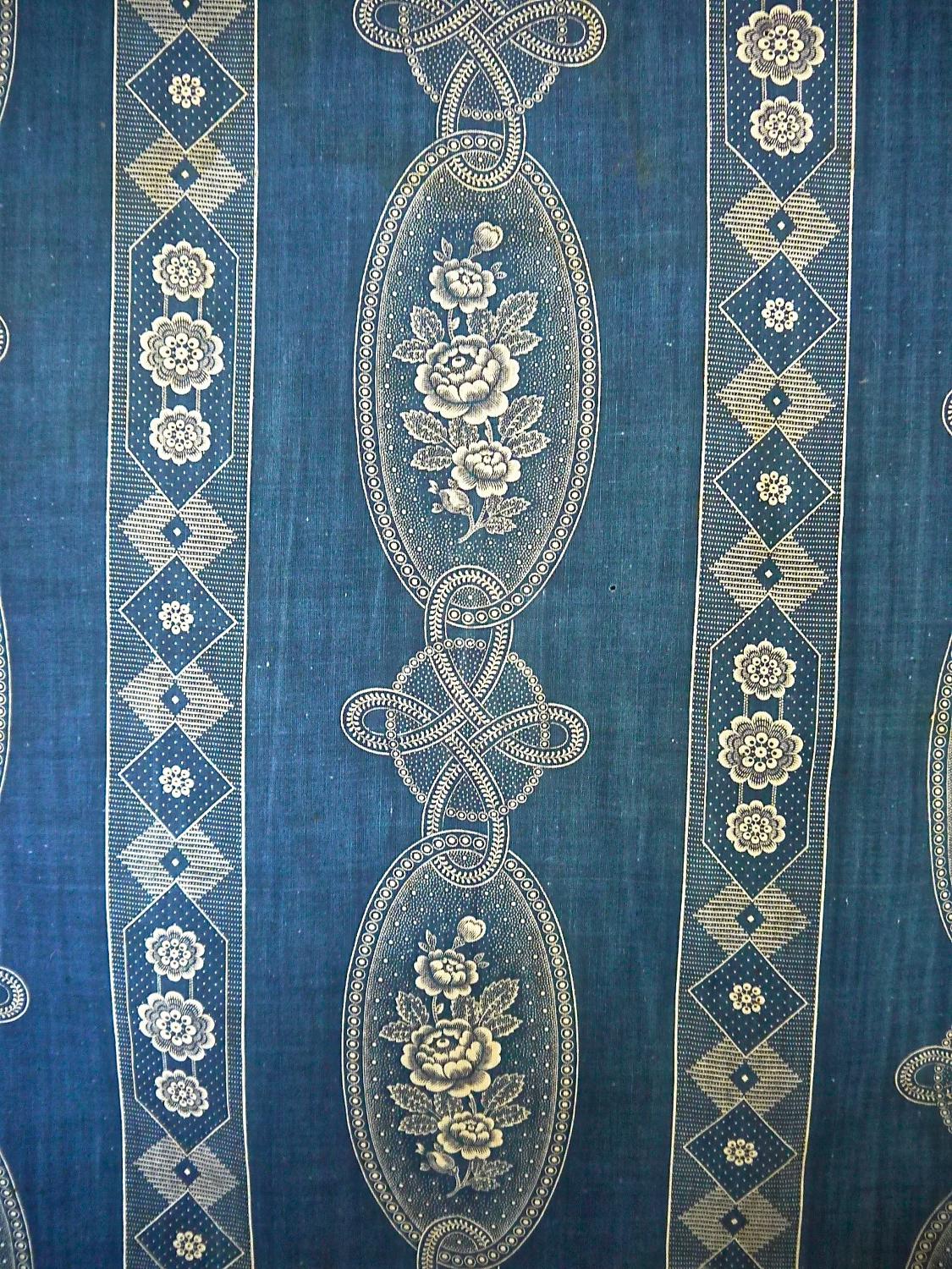 19th French Blue Roses Cotton Textile