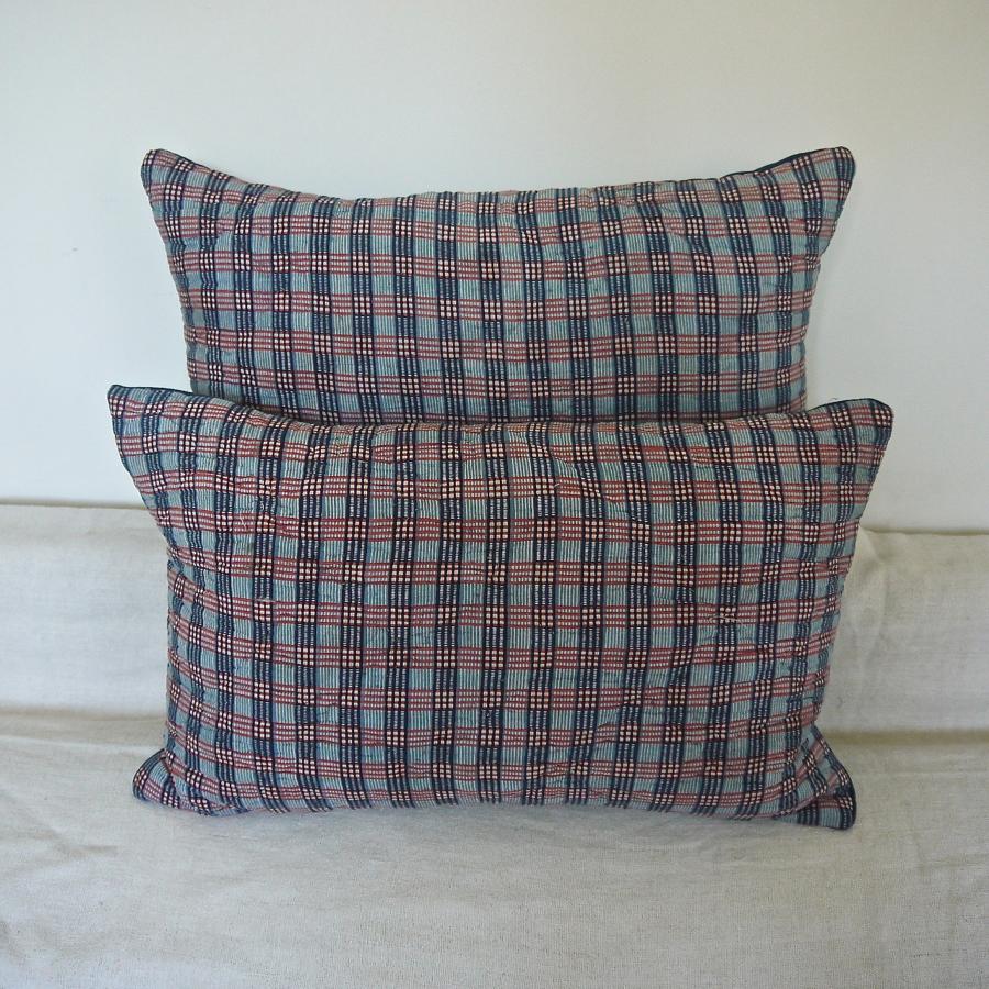 Pair of 19thc French Blockprinted Checked Cushions