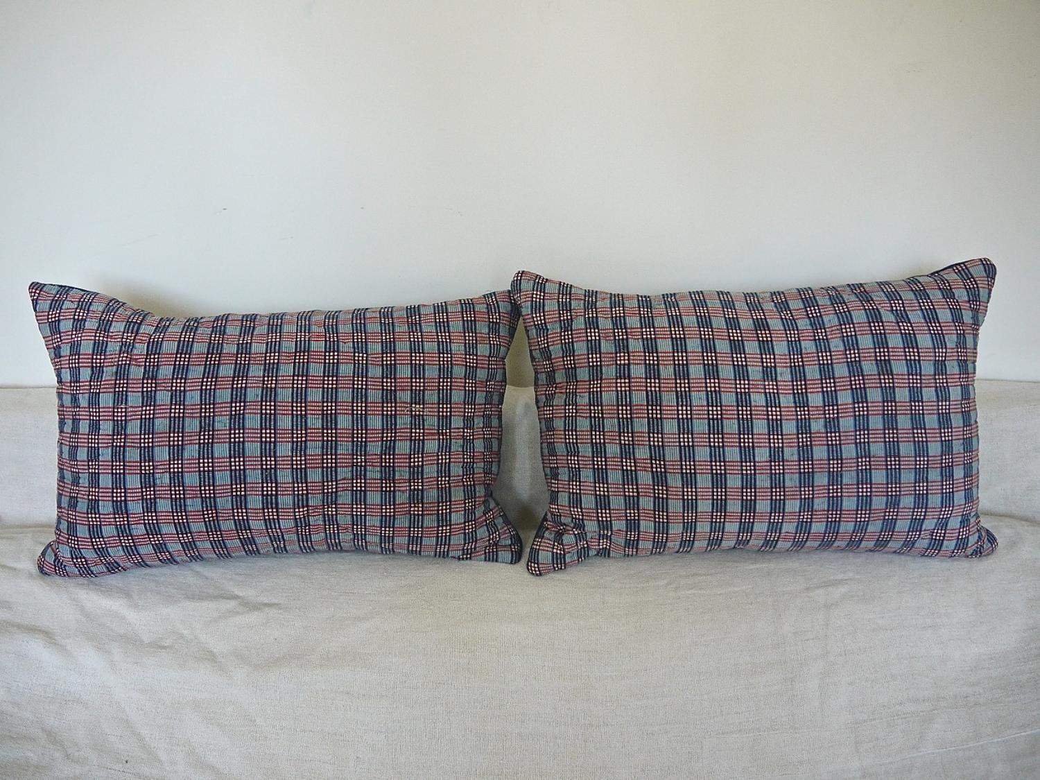 Pair of 19thc French Blockprinted Checked Cushions