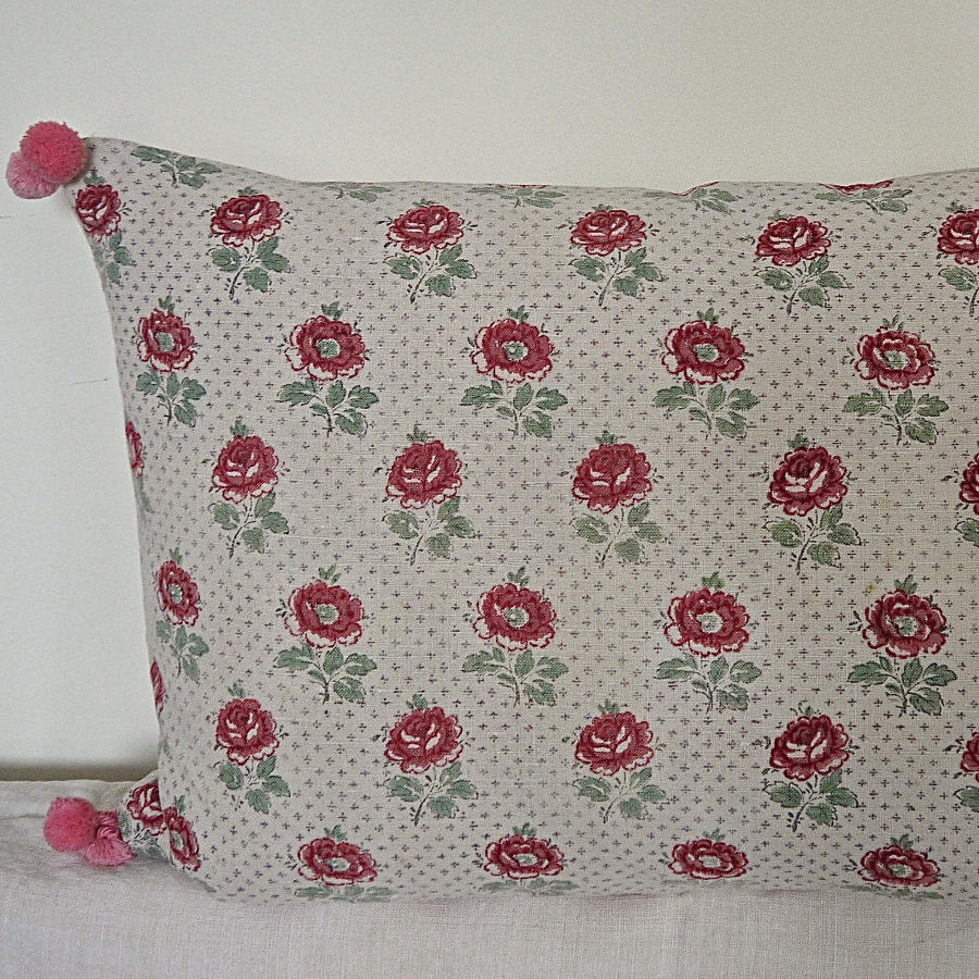 Late 19th Century French Printed Roses Linen Cushion