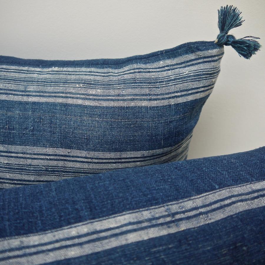 Pair of 19th century French indigo striped linen cushions
