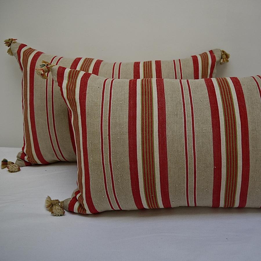 Pair of early 20th century French striped linen ticking cushions