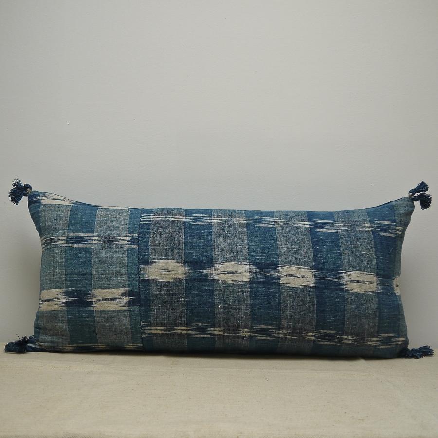 Early 19th century French faded indigo flamme cushion