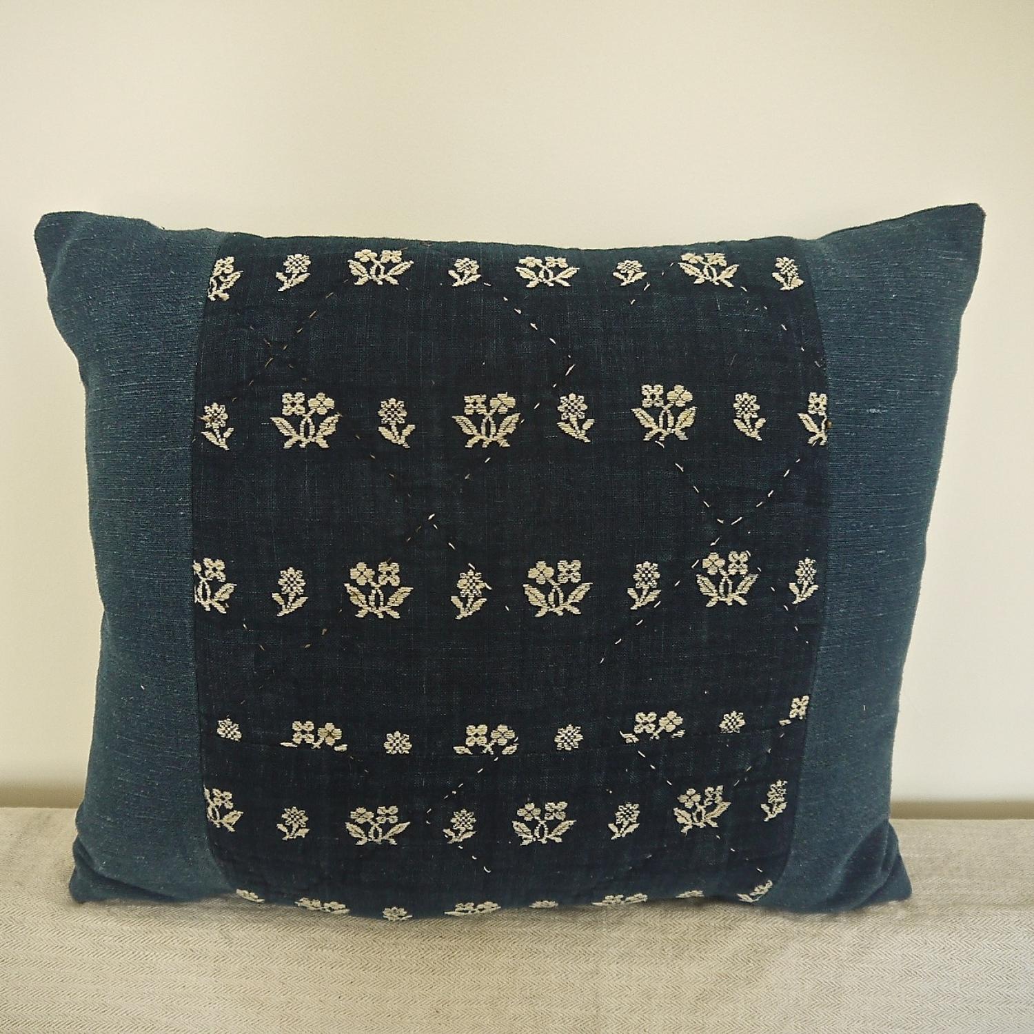 Late 18th century French wool woven on indigo linen cushion