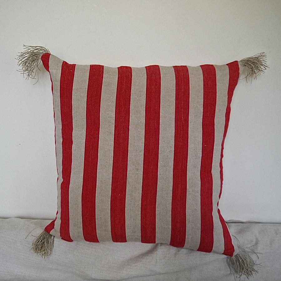 19th century French red striped linen cushion
