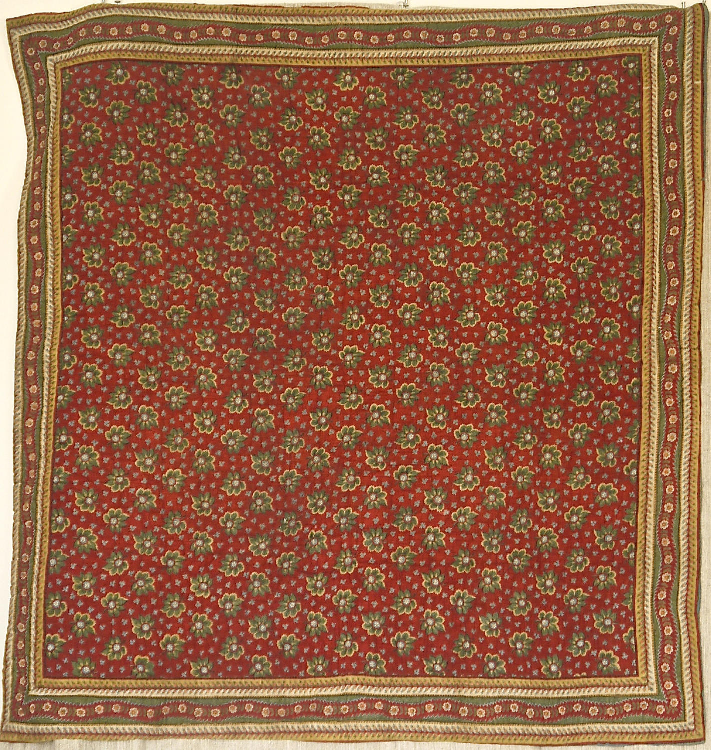 Small Green and Red Cotton Quilt French 19th Century
