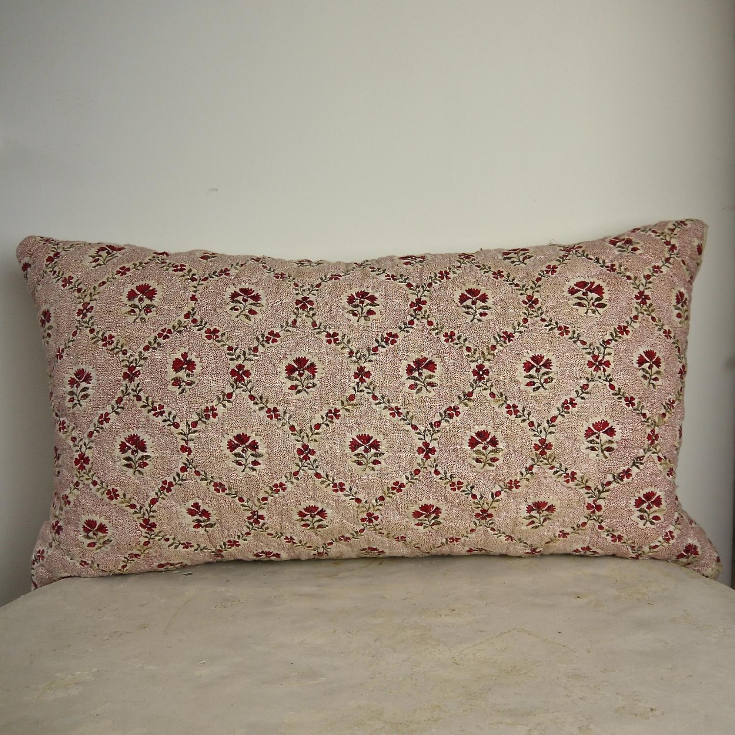 18th century French blockprinted flower cotton cushion