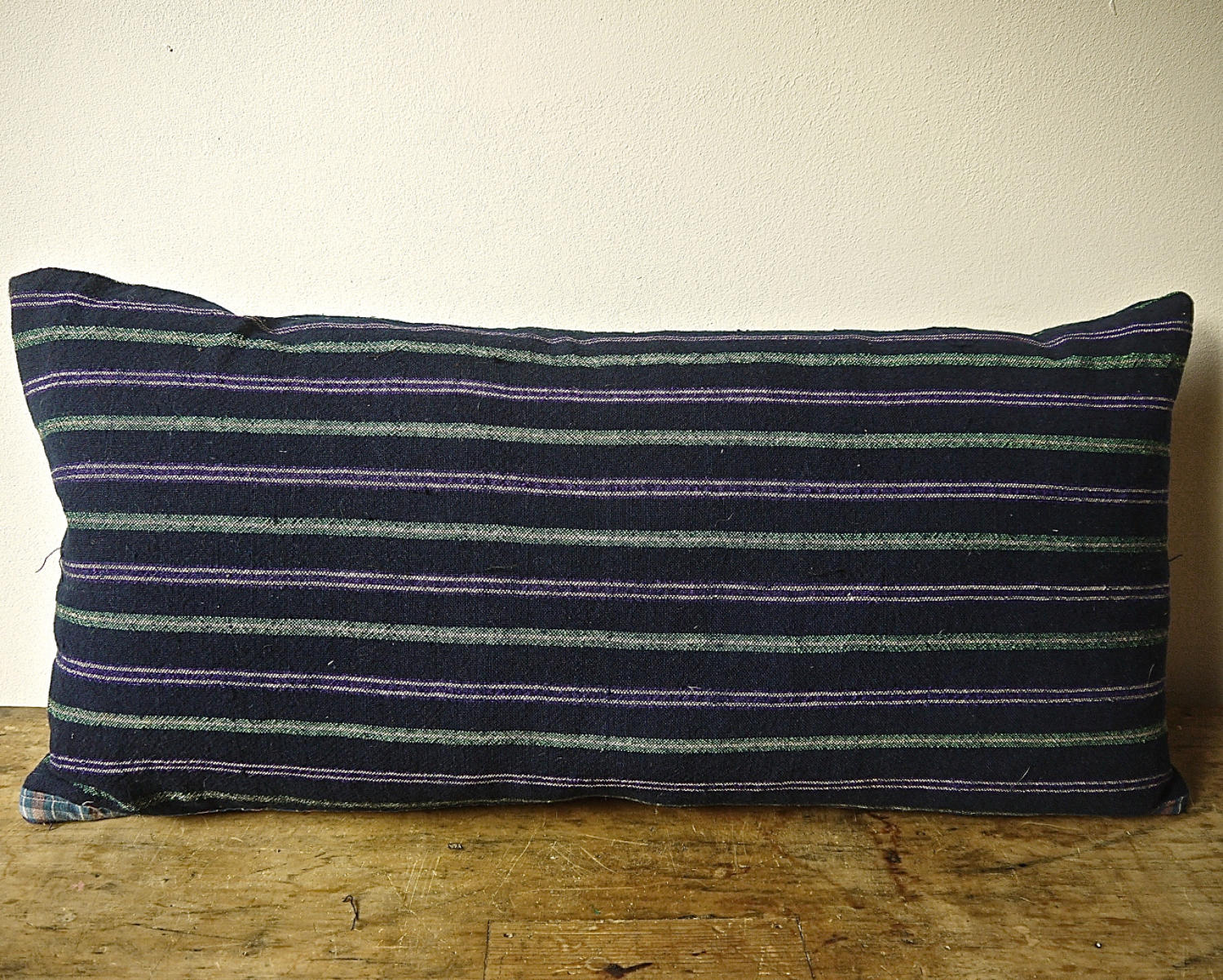 19th century French indigo green purple striped cushion