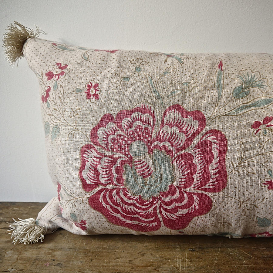 19th century French linen long block printed cushion