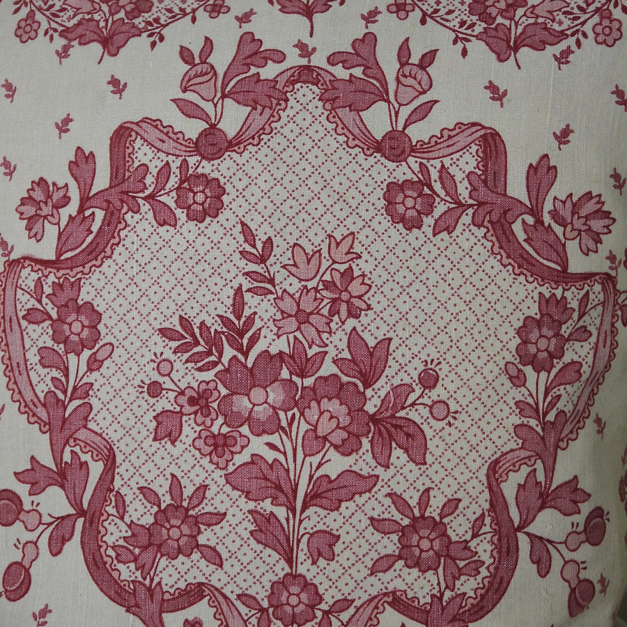 Early 20th century French pretty red floral linen cushion