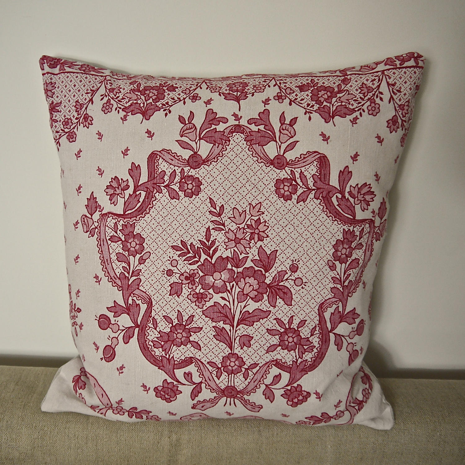 Early 20th century French pretty red floral linen cushion