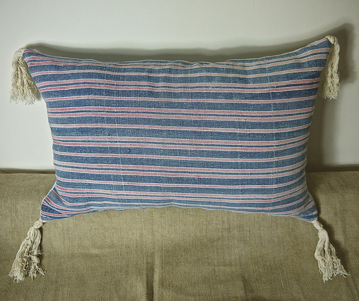 19th century French faded indigo striped cotton cushion