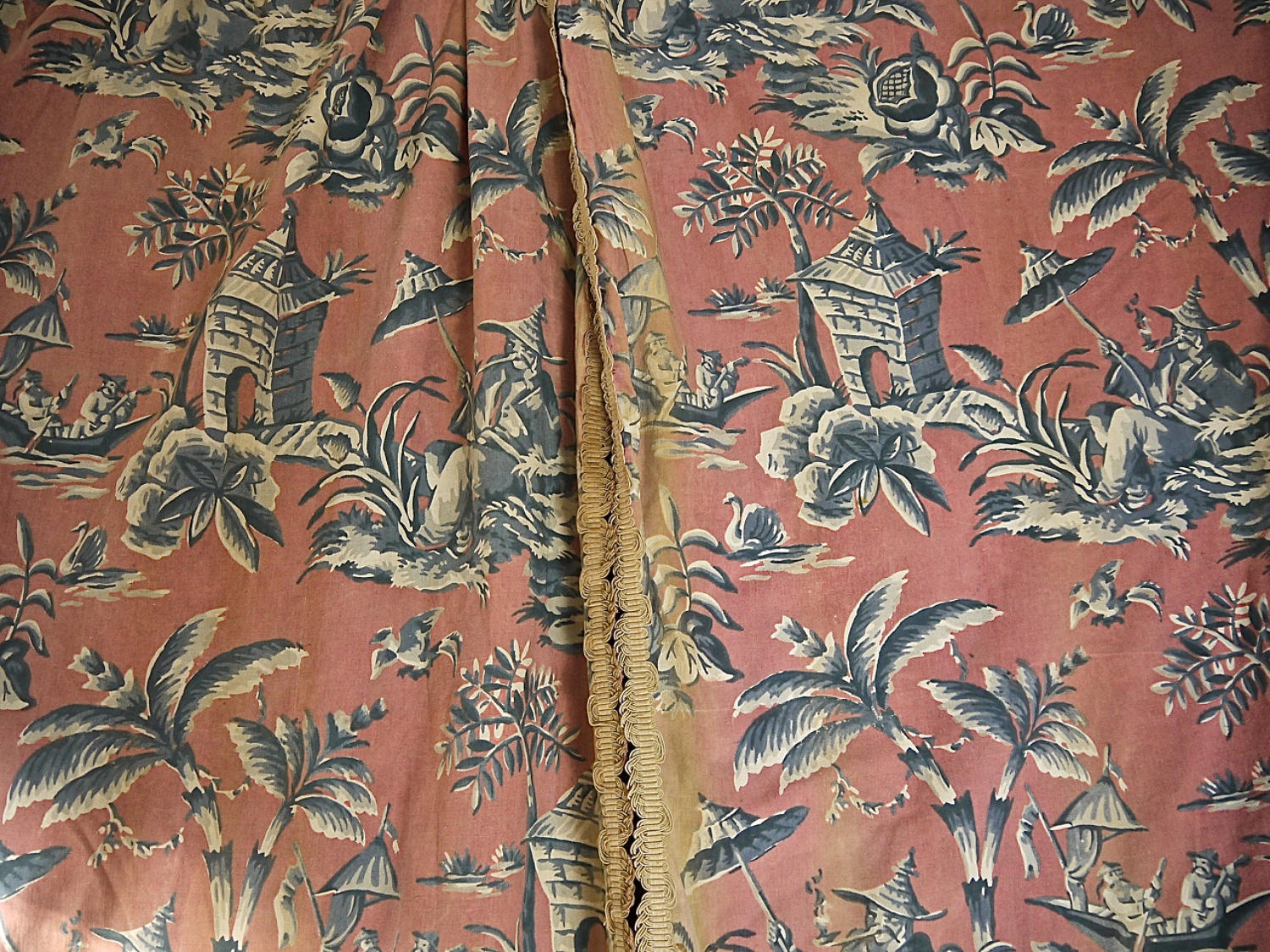 Pair of early 20th century large-scale Chinoiserie curtains