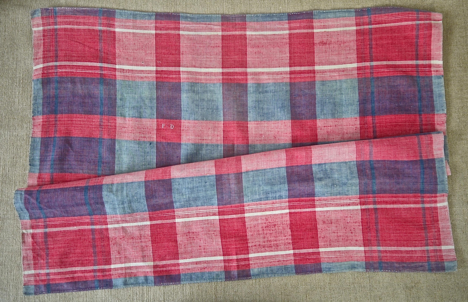 19th century French Faded Indigo and Red Mouchoir
