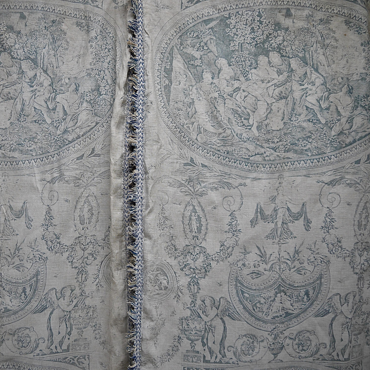 Pair of 19th century French blue toile linen curtains