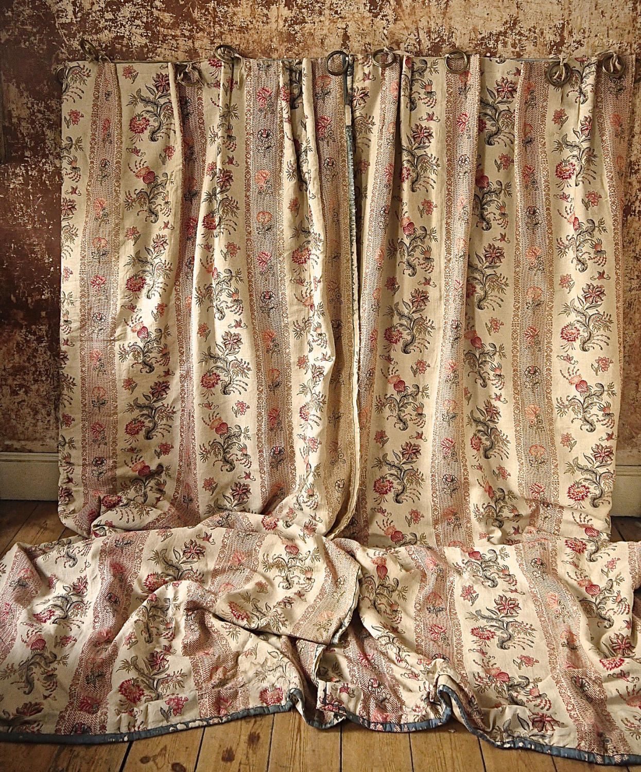 Pair of Floral Indienne Linen curtains French c.1880s