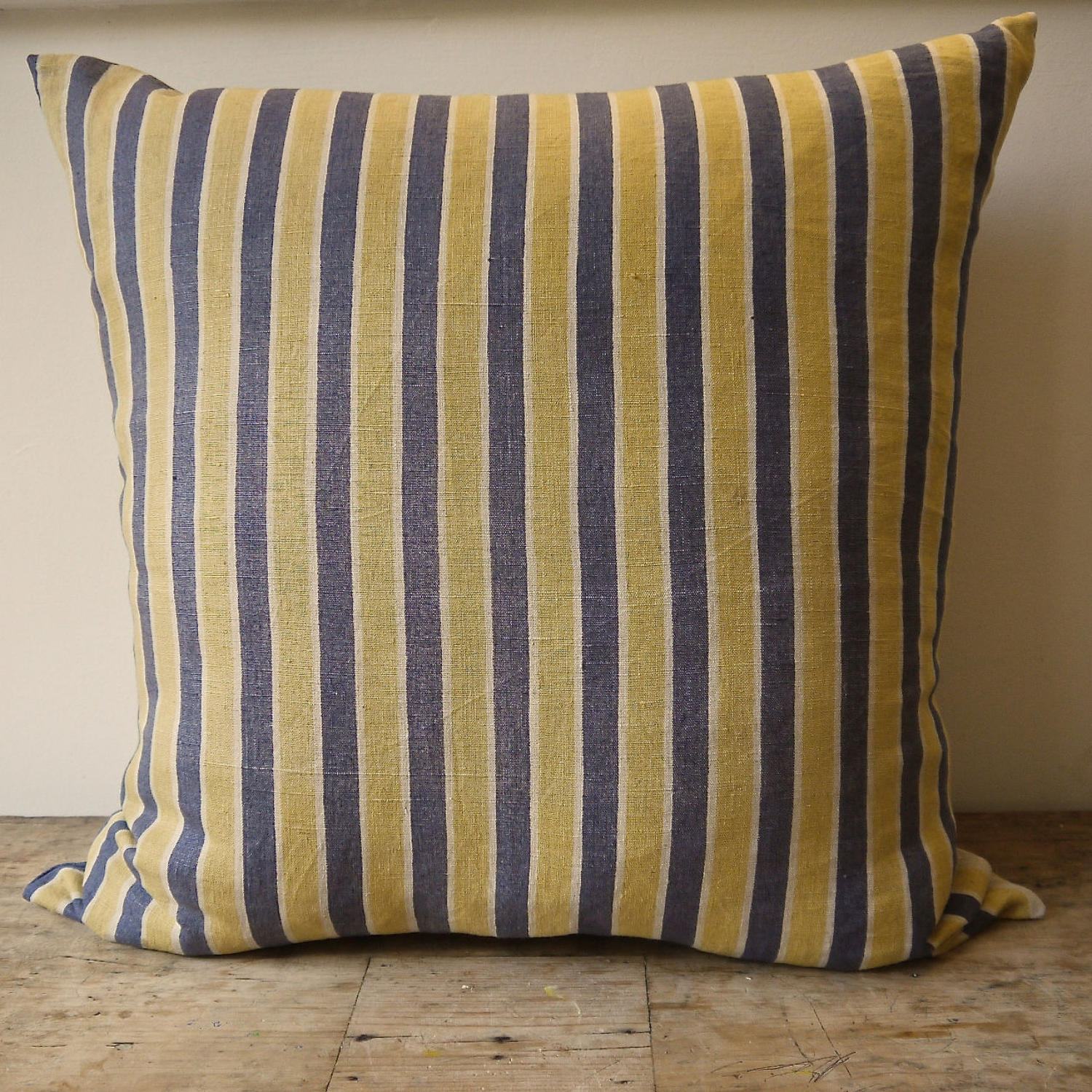 Yellow Grey Striped Linen Cushion French