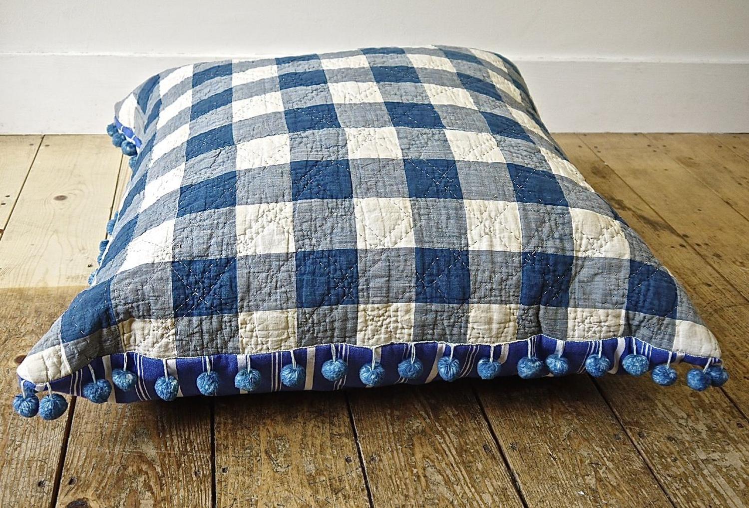 Blue and White Vichy Check Quilted Floor Cushion
