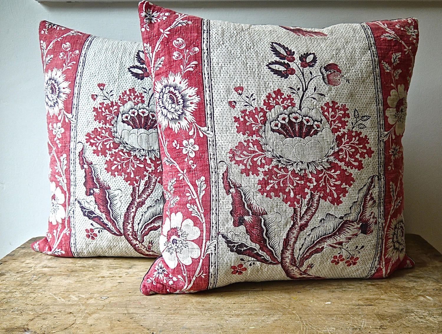Pair of Blockprinted Flower Cushions French 18thc