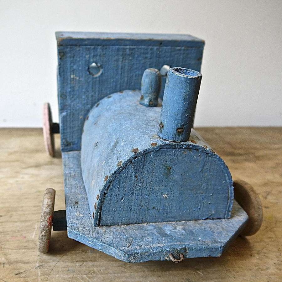Painted Blue Wood Toy Engine