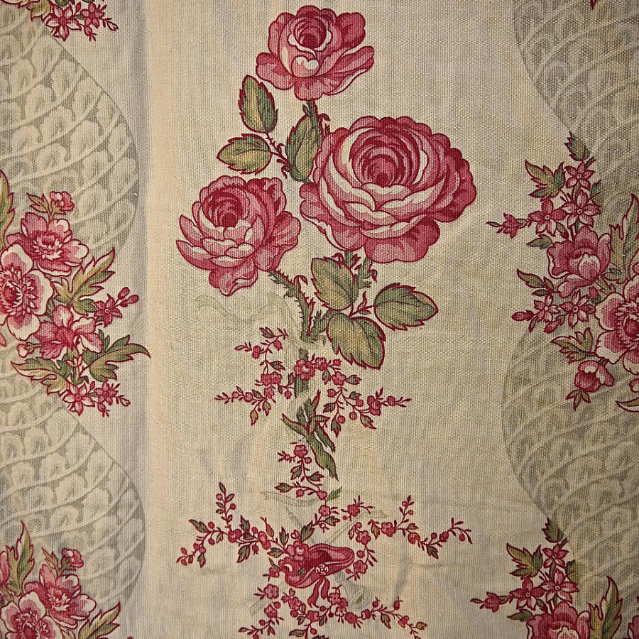 Pair of Roses and Columns Cotton Curtains French late 19th Century