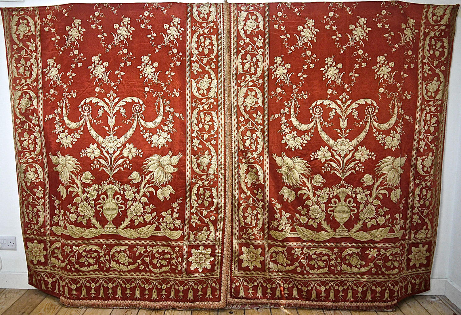 Two Pairs of Dark Coral Dull Gold Silk Curtains French 19th Century