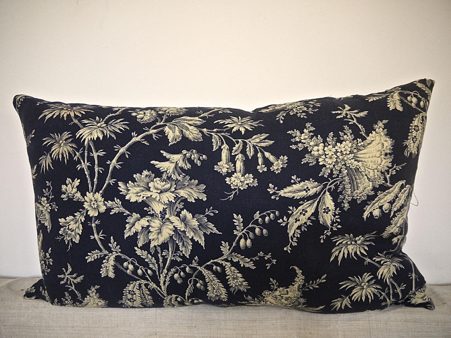 Blue and White Exotic Flowers Cotton Cushion French 19th century