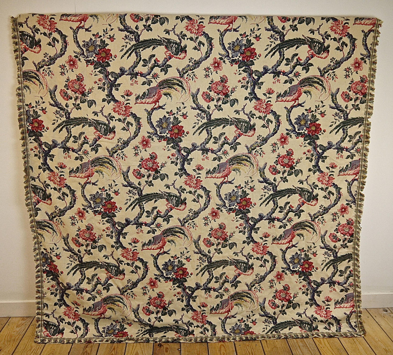Birds and Flowers Linen Panel and Pair of Curtains French 19th Century