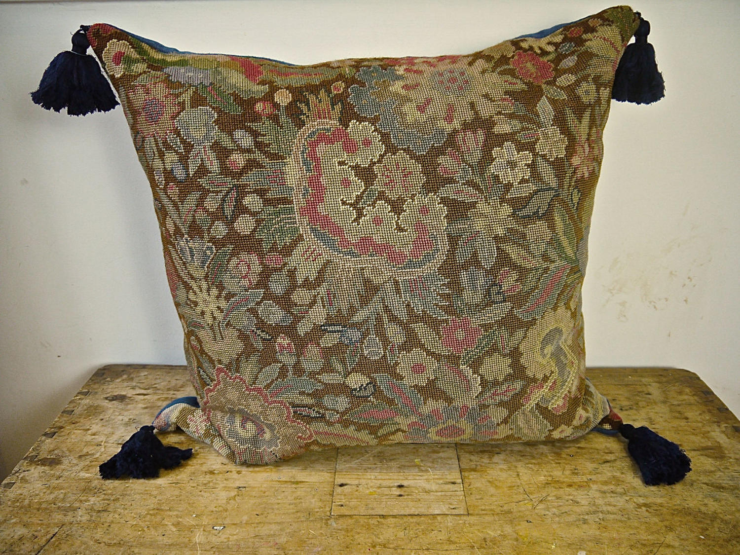 Wool Needlework Cushion With Indigo Silk Tassels French 19th century