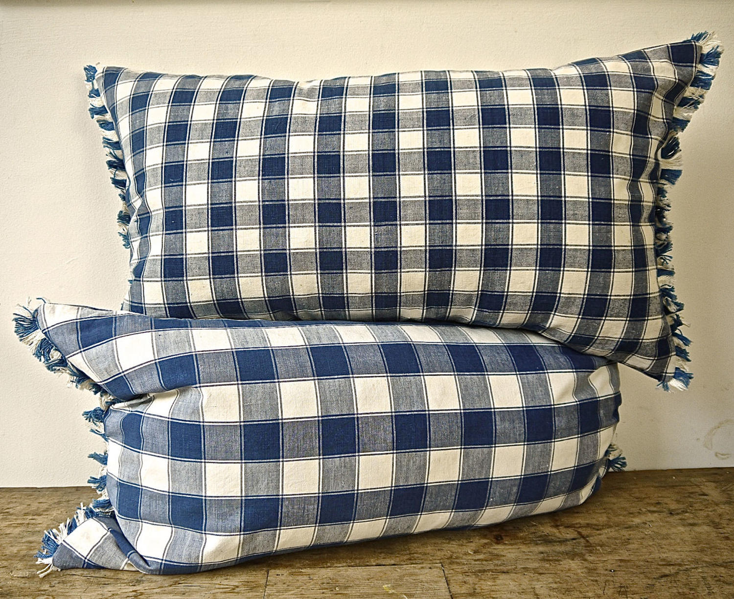 Blue and White Cotton Checked Cushions French Early 20th Century
