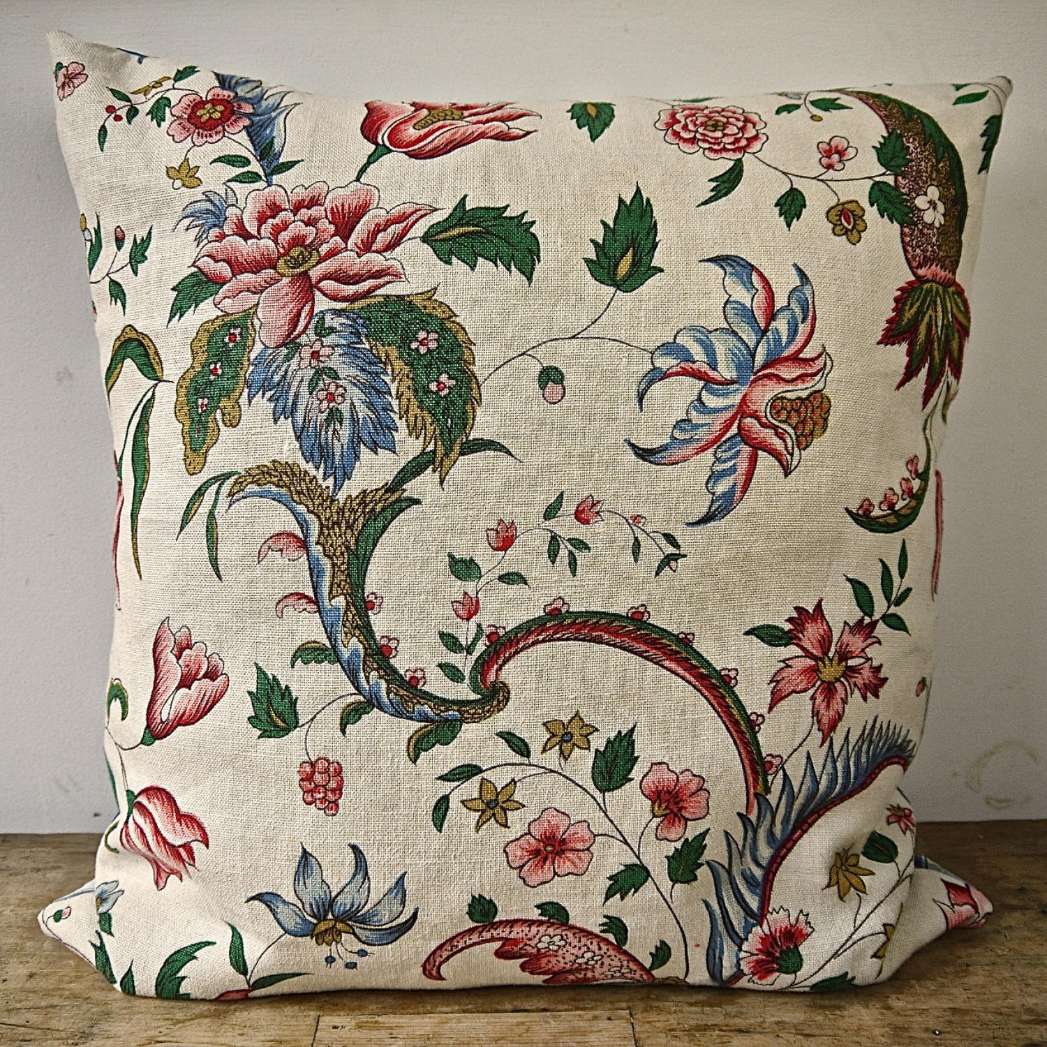 Pink and Red Floral  Linen Cushion French Early 20th Century