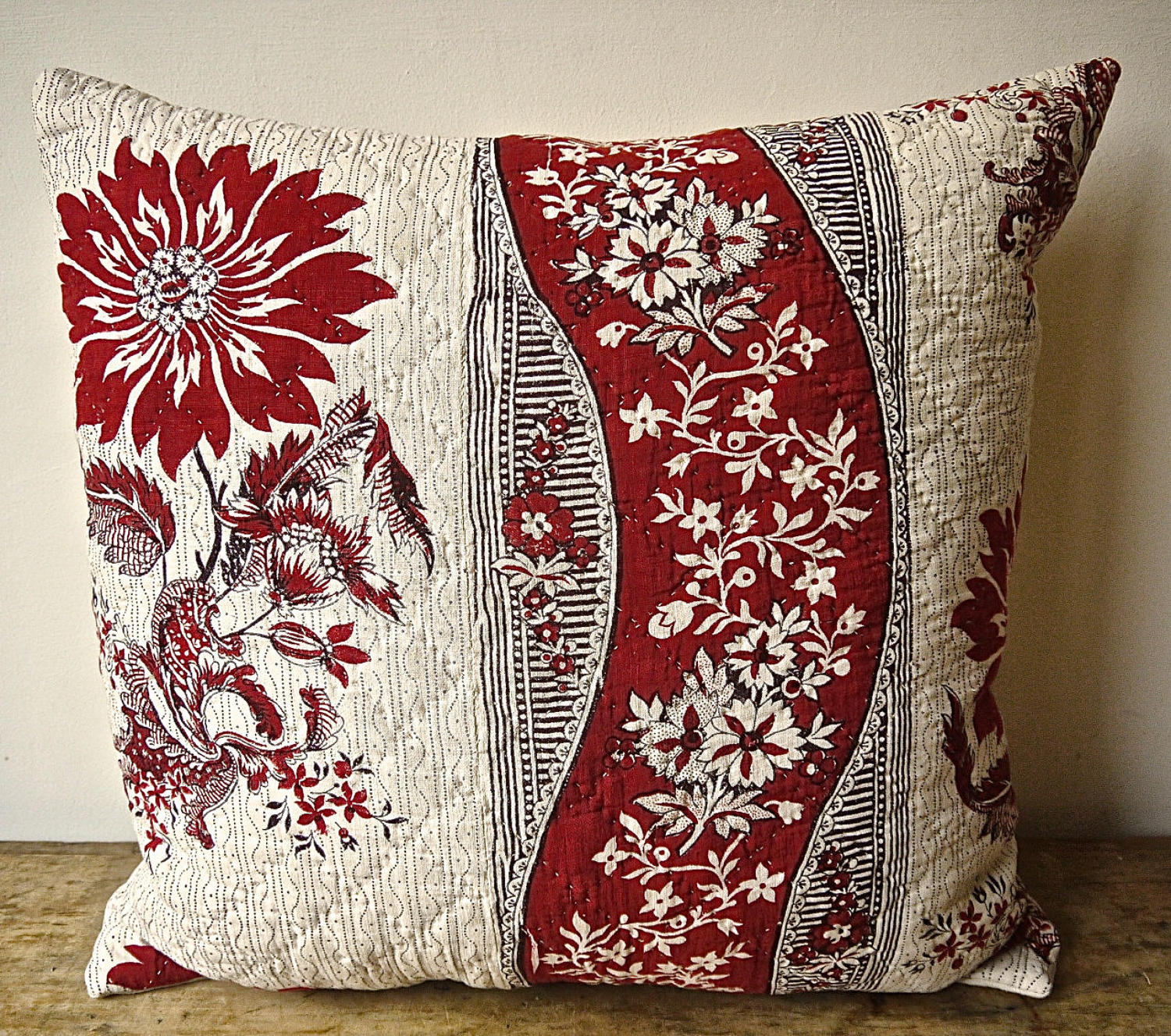 Red and White Blockprinted Cushion French 18th Century