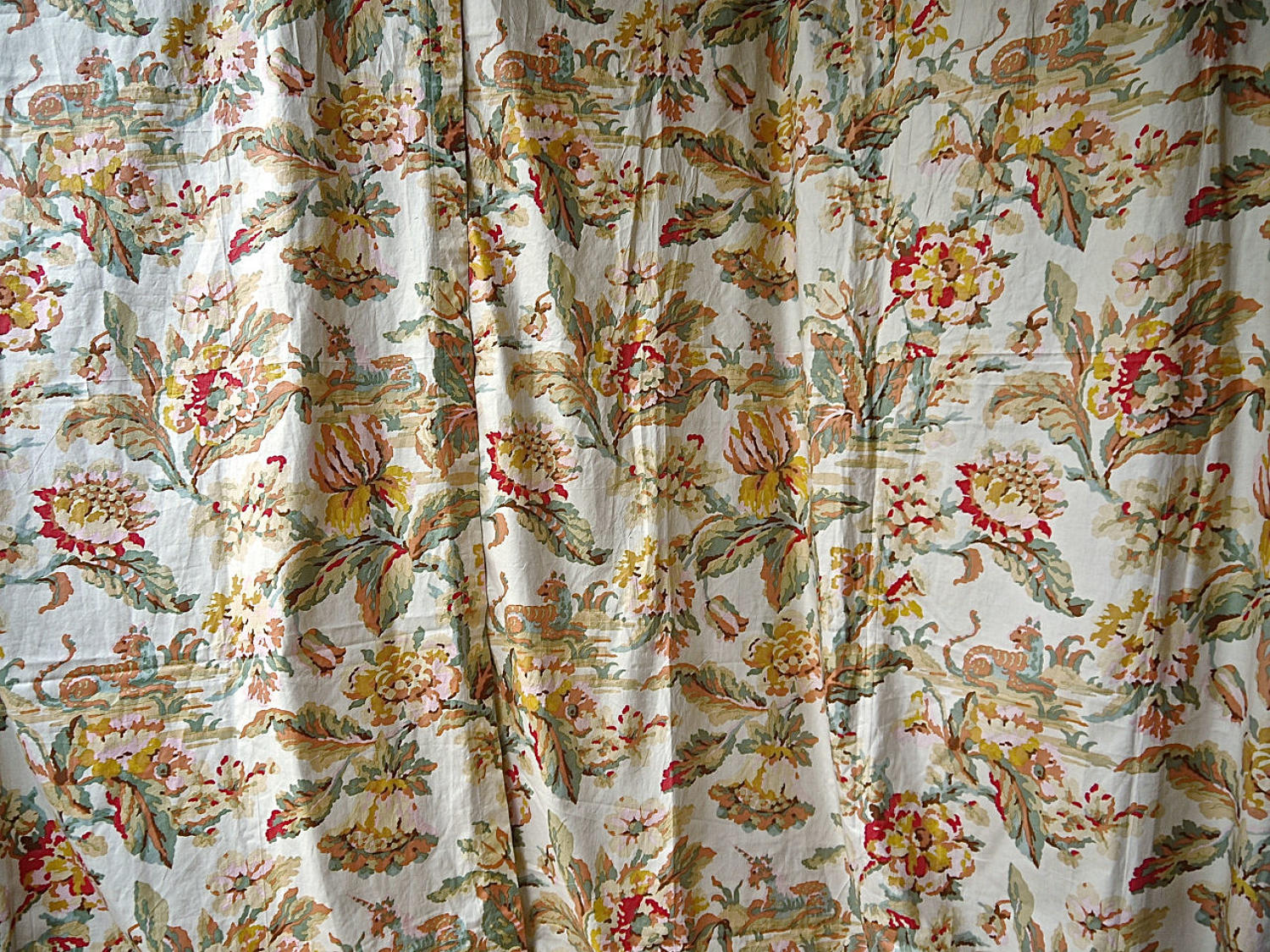 2 Pairs of Lion and Unicorn Cotton Curtains French Early 20th Century