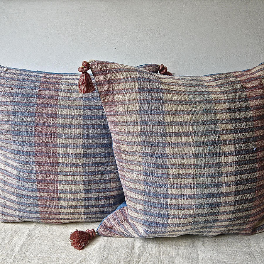 Pair of Blue Red Striped Hemp Cushions Portuguese 19th Century