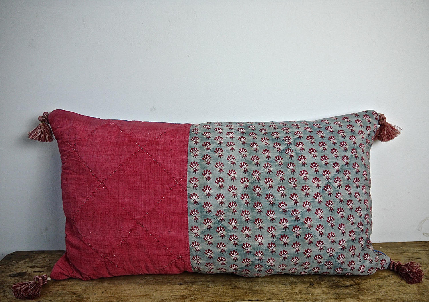 Faded Blue and Red Quilted Cotton Cushion French c.1790s