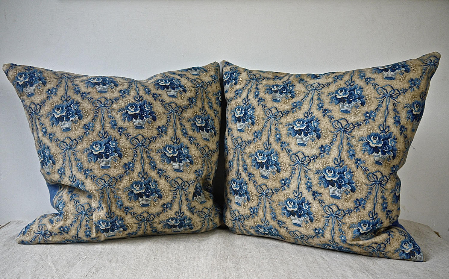 Pair of Blue Flowers Cotton Chintz Cushions French 19th Century