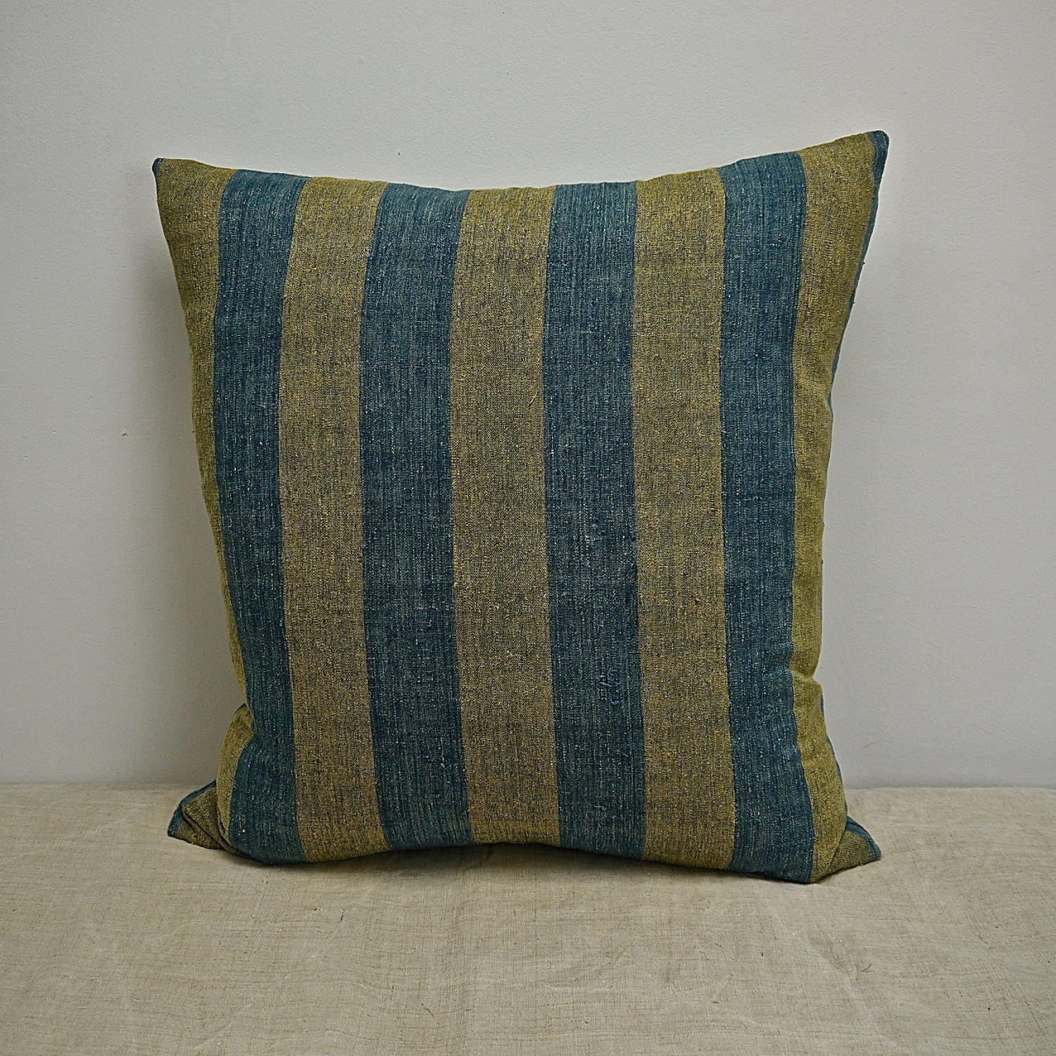 Indigo & Saffron Stripes Silk Cushion French 19th Century