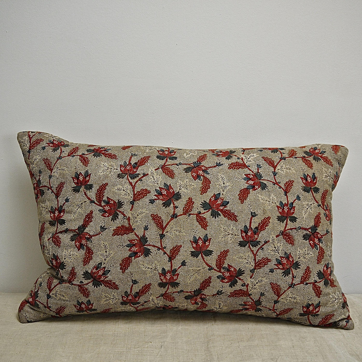 Stylised Red Flowers Blockprinted Cotton Cushion French 18th Century