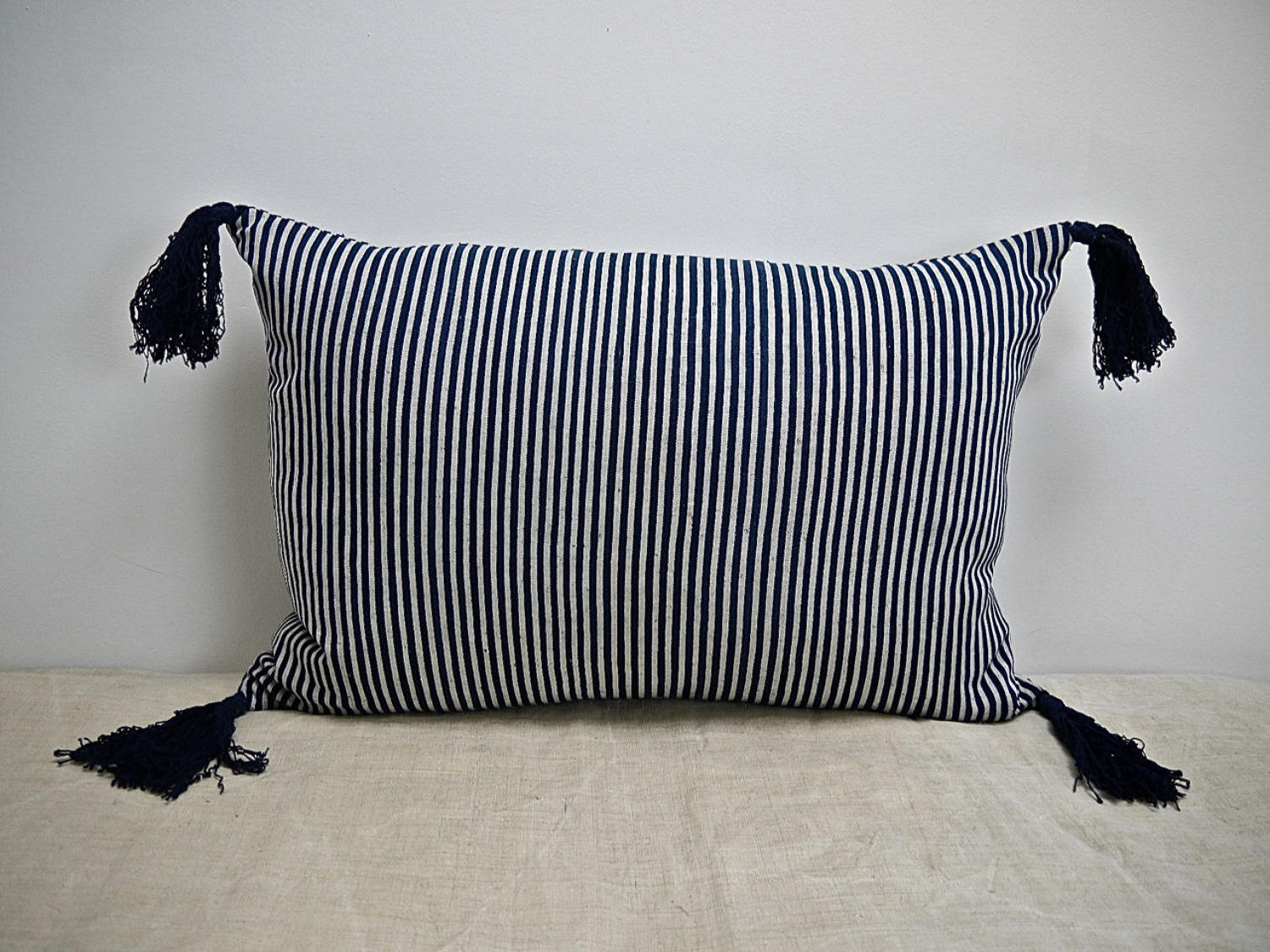 Indigo White Stripe With Tassels Cotton Cushion French 19th Century