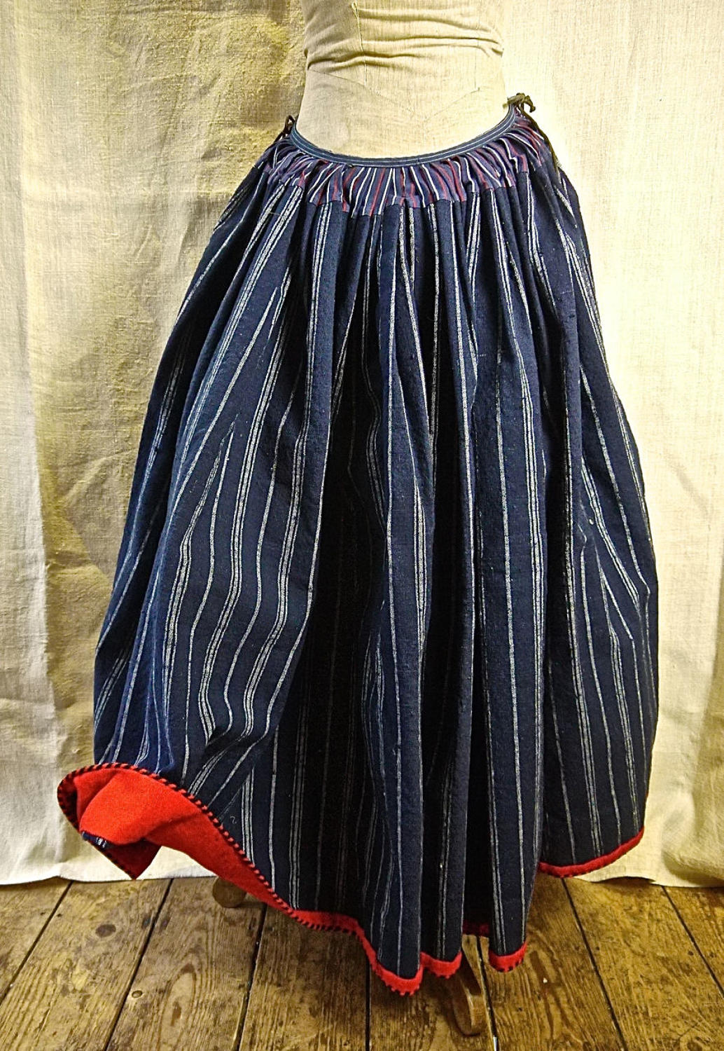 Indigo Striped Wool Linen Skirt French 19th Century