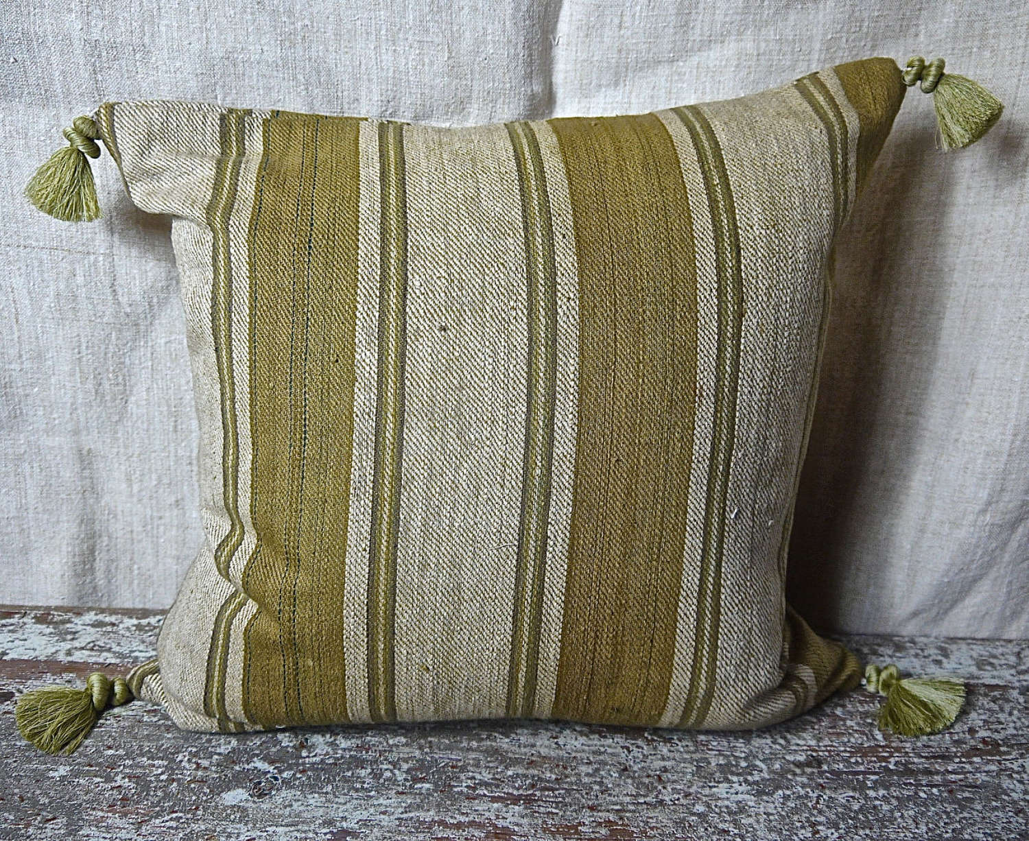 Green Stripe Silk Cushion French 18th Century