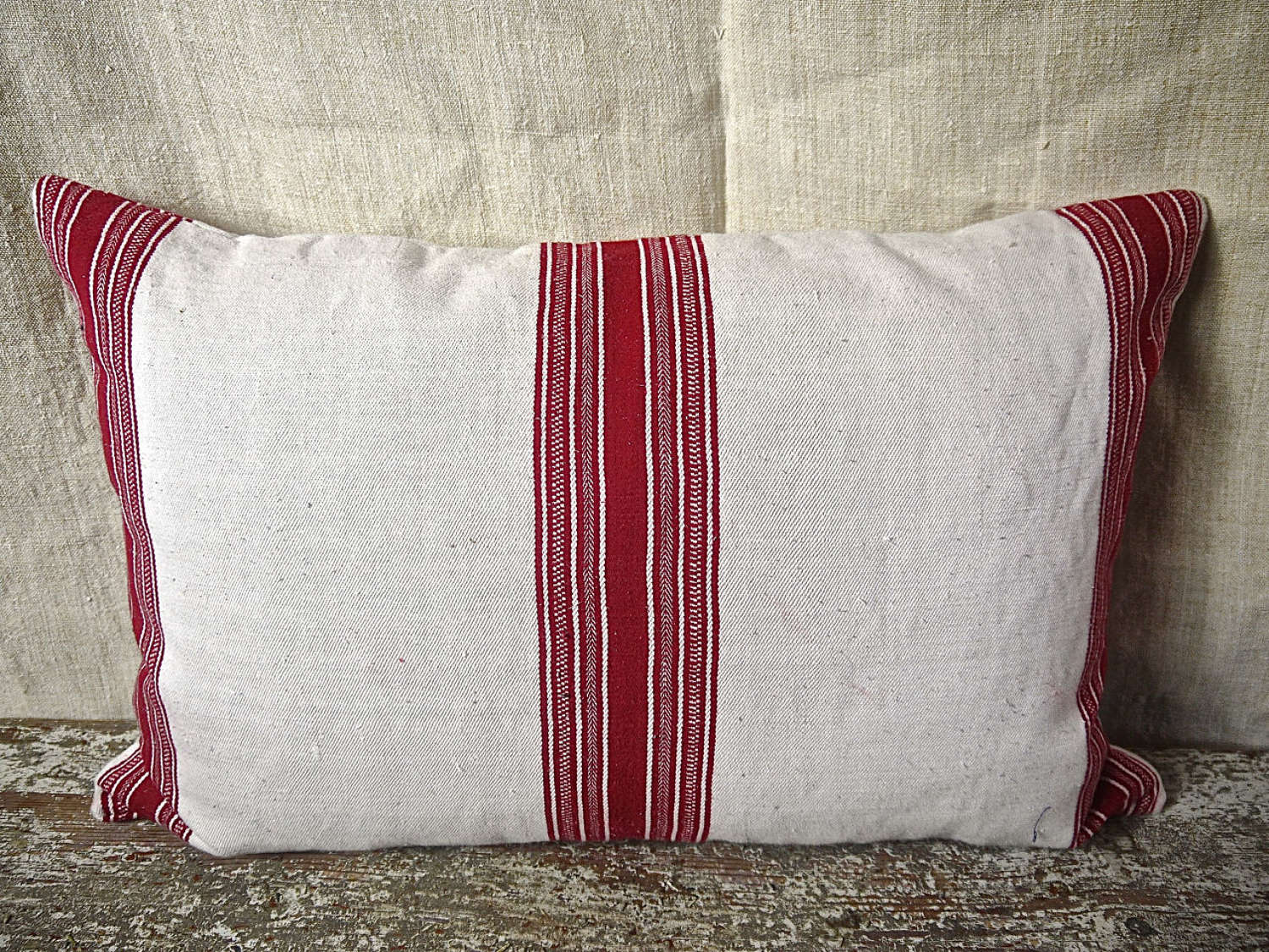 Red and White Striped Cotton Cushion French 19th Century
