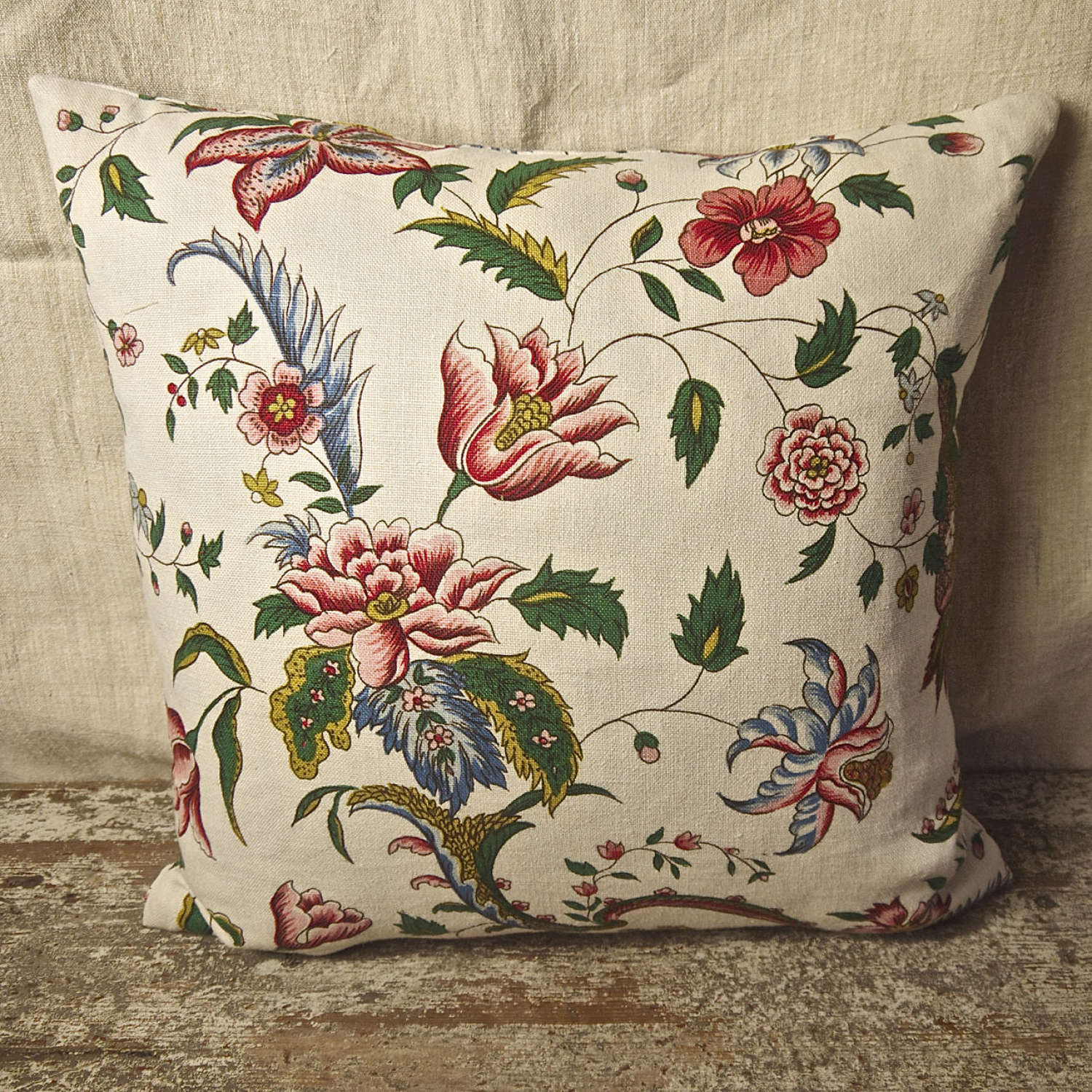 Red Pink Floral Linen Cushion French c.1940s