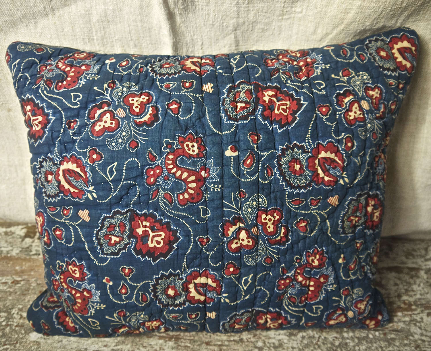 Indigo and Red Quilted Cotton Cushion French c.1790s