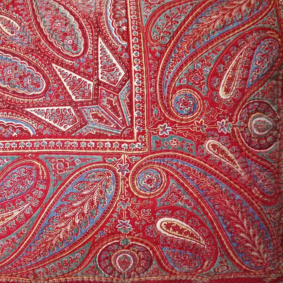 Red Paisley Blockprinted Cotton Cushion French 19th Century