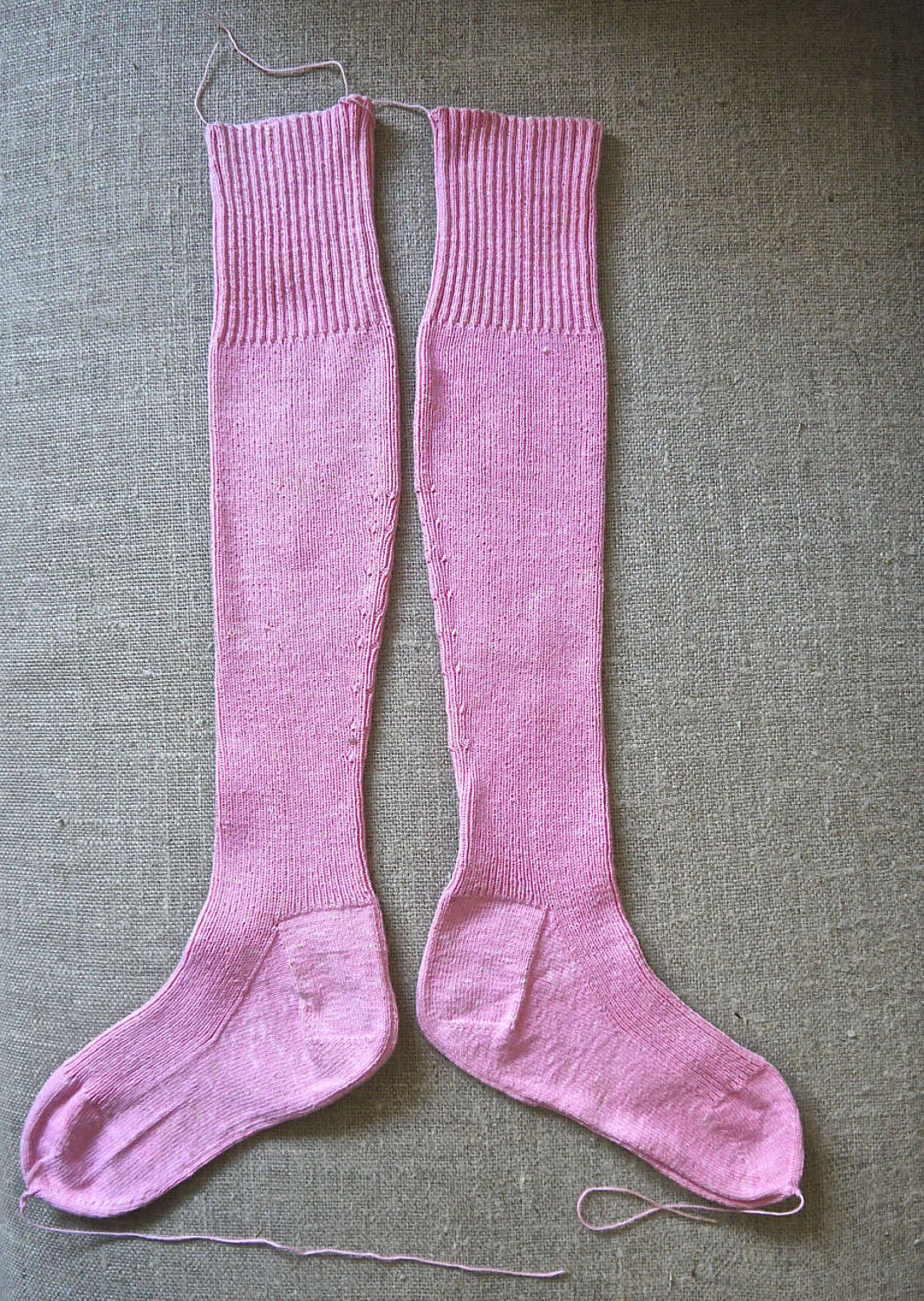 Long Pink Hand Knitted Cotton Socks French 19th Century